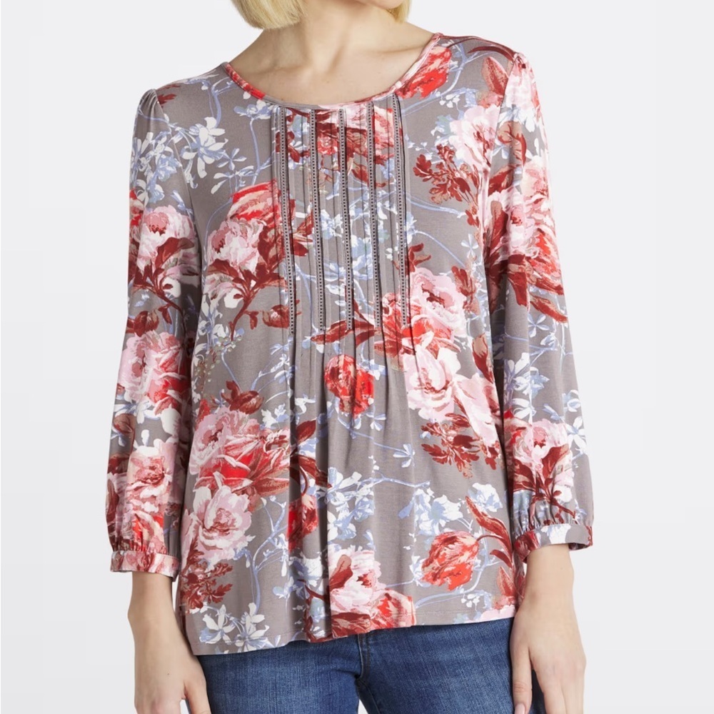Daniel Rainn - Branwen Pleated Knit Top. Blouse. Shirt. Size XL. Grey floral